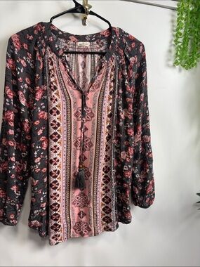 Boho Floral Tassel Blouse - Pink & Black